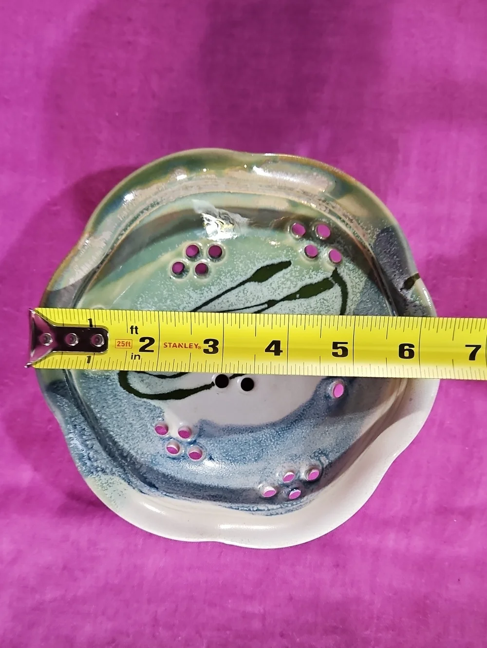 Artisan Crafted/Signed Ceramic Berry Strainer/Colander in Cream, Green and Blue